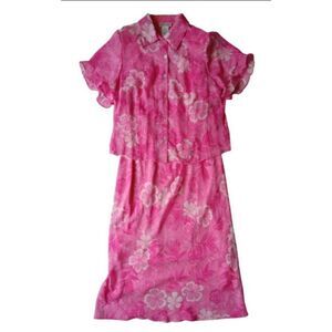 Dressbarn Pink Sheer Floral Print Button Down and Dress 2 Piece Set Women's 16W